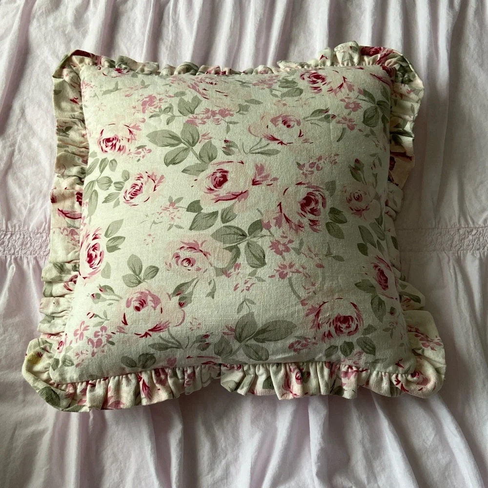 Simply Shabby Chic Rosalie Linen Blend Floral Roses Pillow Cover Pair Cream Pink - Picture 10 of 16